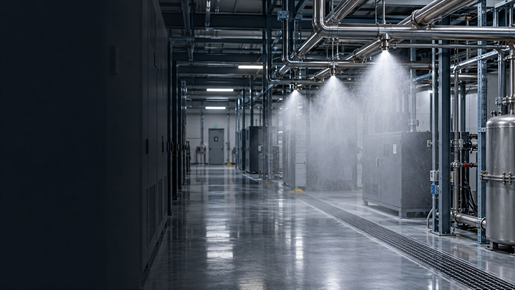 Illustrative water mist nozzles in an industrial facility